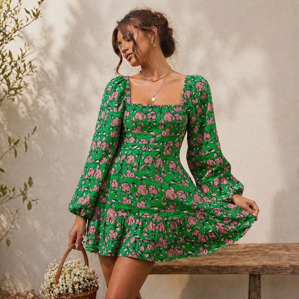Aakaa Floral Mini Dress S Green Pink Puff Sleeve Cottagecore Botanical Boho